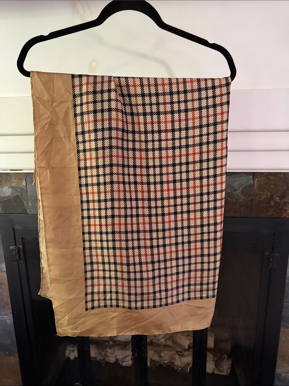 Darks London Classic Plaid 100% SILK SCARF with Beige Border. About 34”x34”.